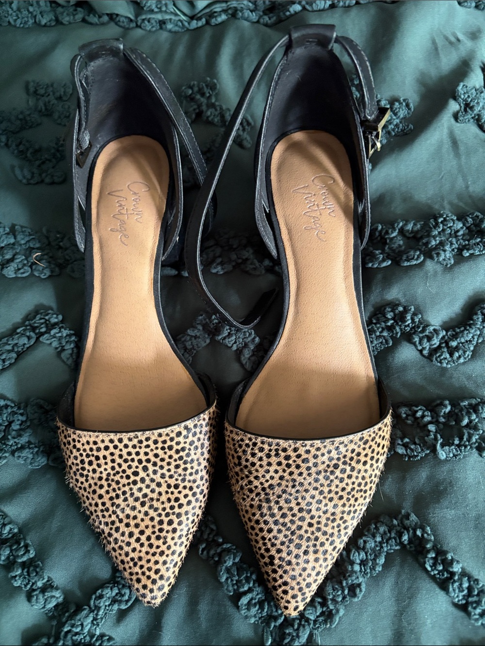 Crown Vintage Black Ankle-Strap Flats with Leopard-Print Pointed Toes
